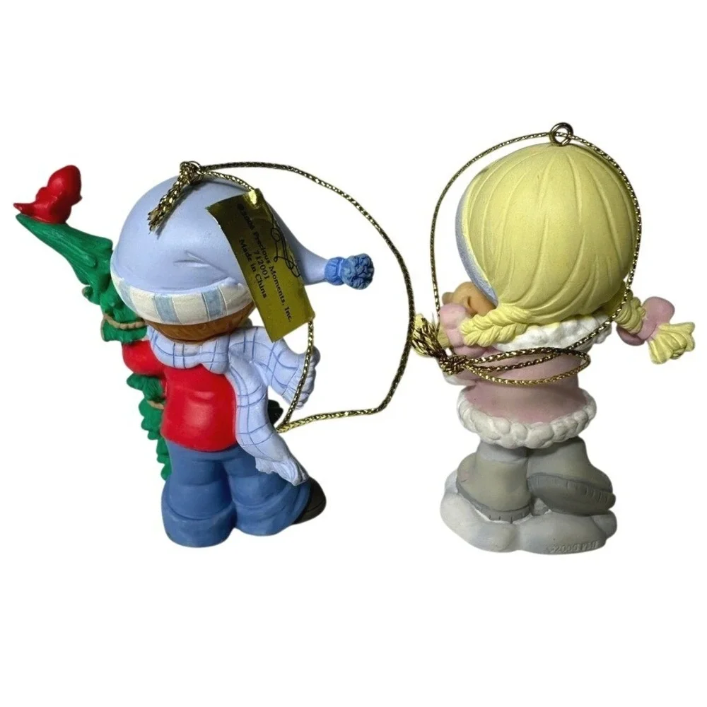 Precious Moments Christmas Ornaments 2pc 712003 Boy Girl Red Bird Kitten‎ Tree